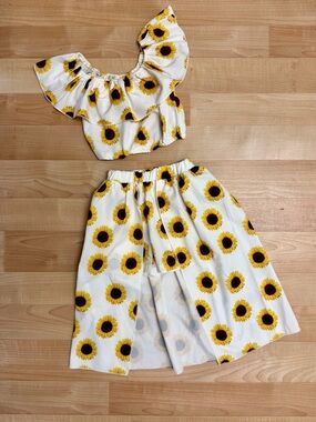 Girls Sunflower 2pc Set Off-Shoulder Crop Top + High-Low Skirt Size 100 (2T-3T)